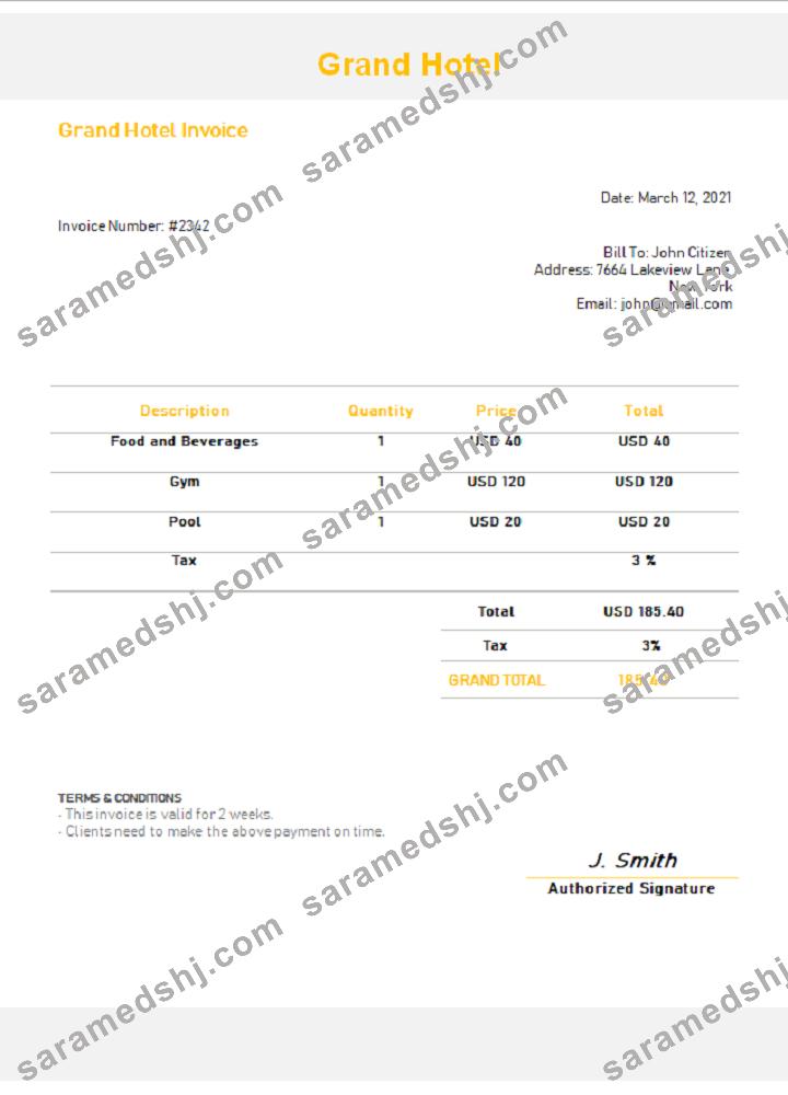 USA Grand Hotel invoice